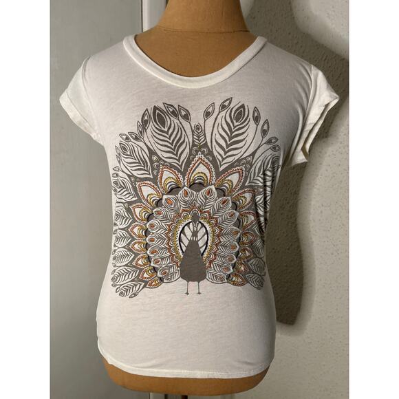 Fossil Short Sleeve Embroidered Look Peacock Vintage Style Tee S Casual Boho - Picture 1 of 8
